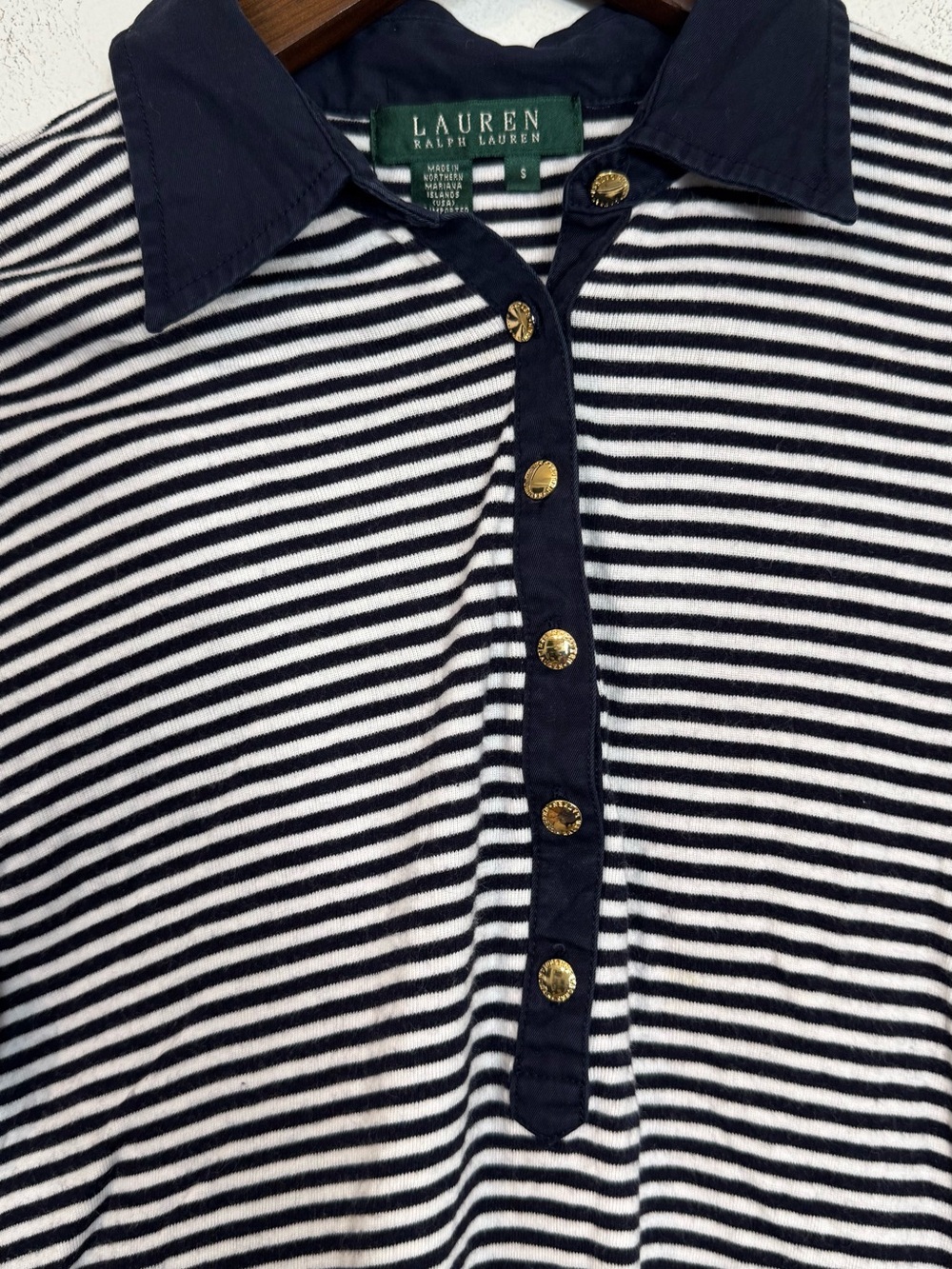 Lauren Ralph Lauren White Navy Blue Breton Striped Polo Shirt Stretch Small - Picture 3 of 7
